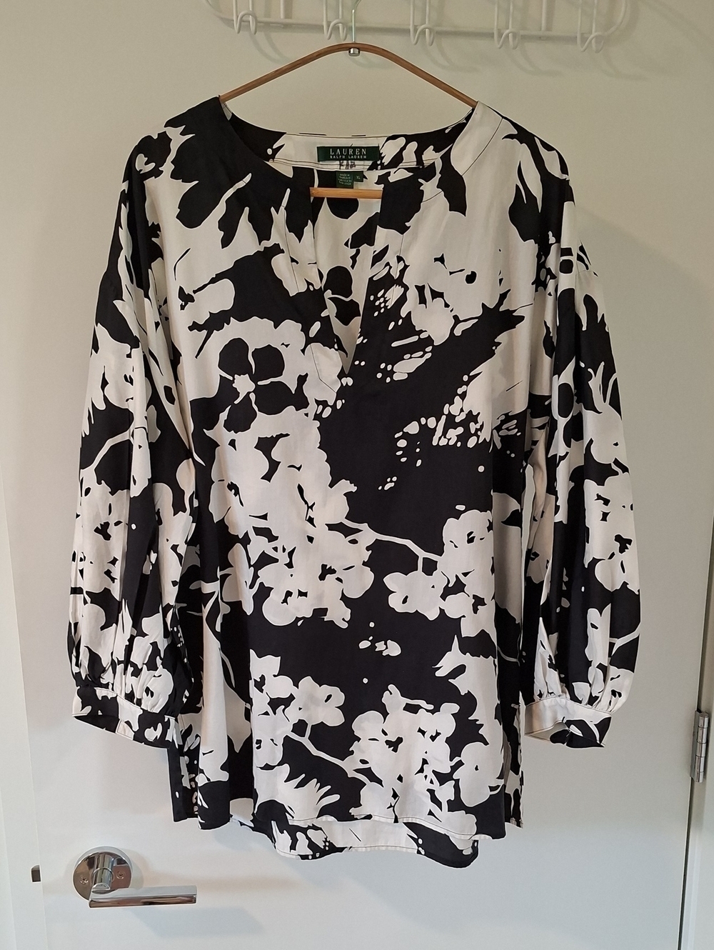 Lauren Ralph Lauren Black & White Floral Bold 100% Cotton Tunic Top (Size XL)